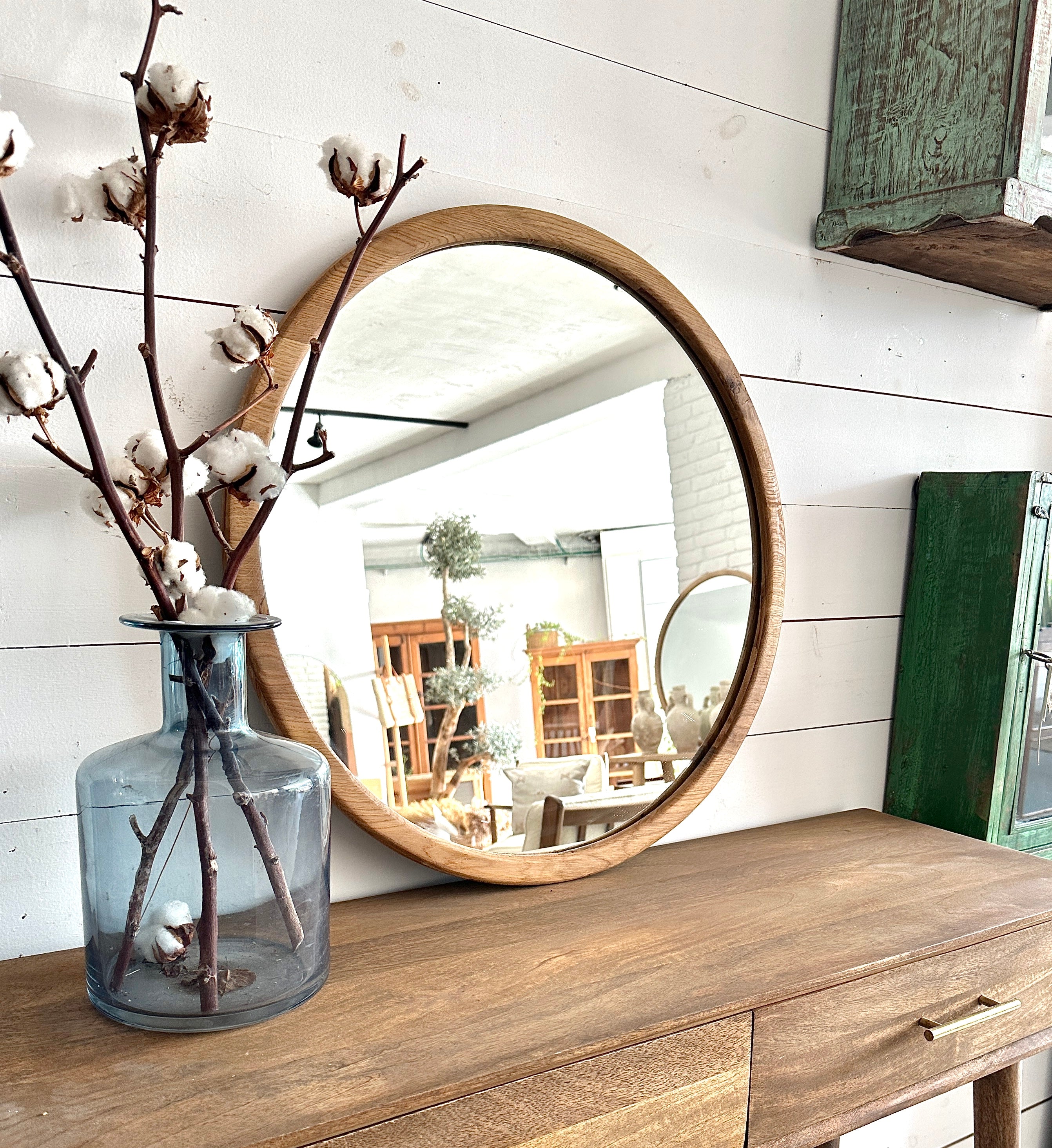 מראה עגולה מעץ אלון