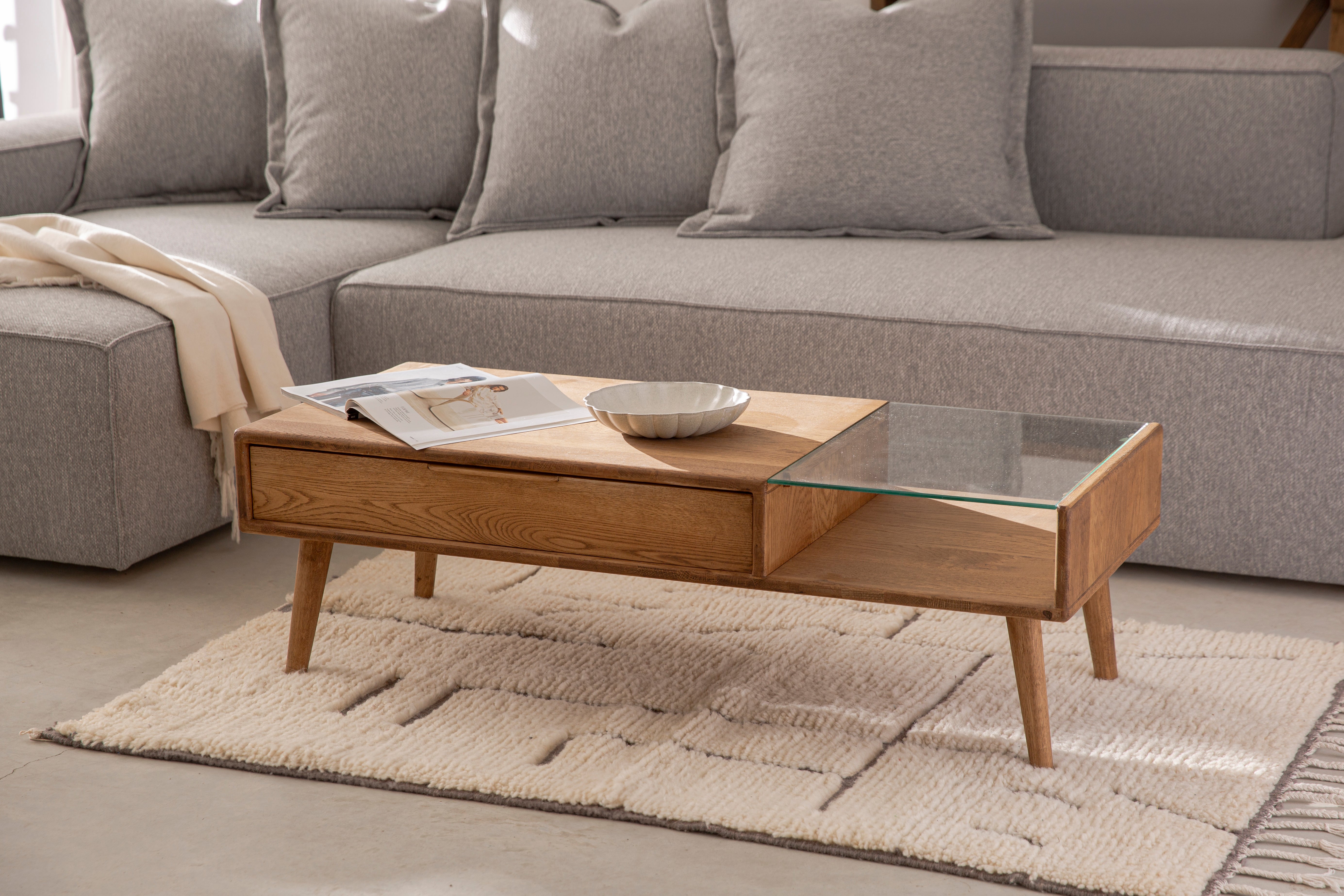 שולחן סלון זכוכית/מגירה