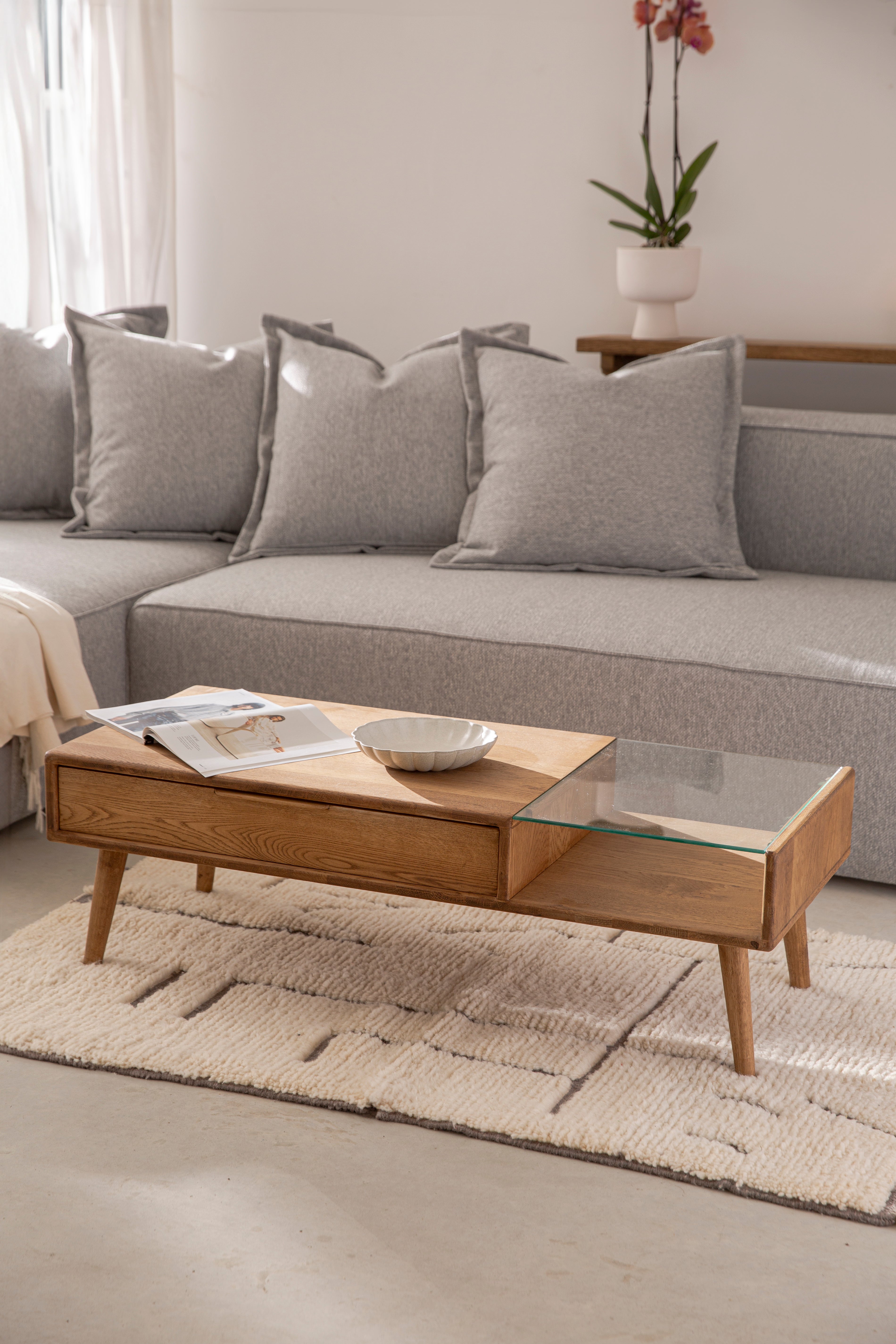 שולחן סלון זכוכית/מגירה