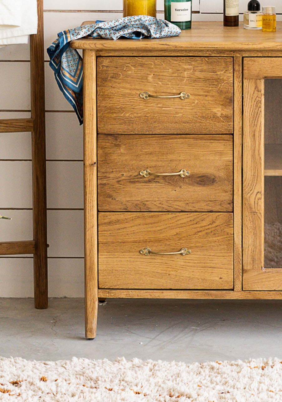 שידת רחצה מעץ אלון דגם 2 דלתות 3 מגירות